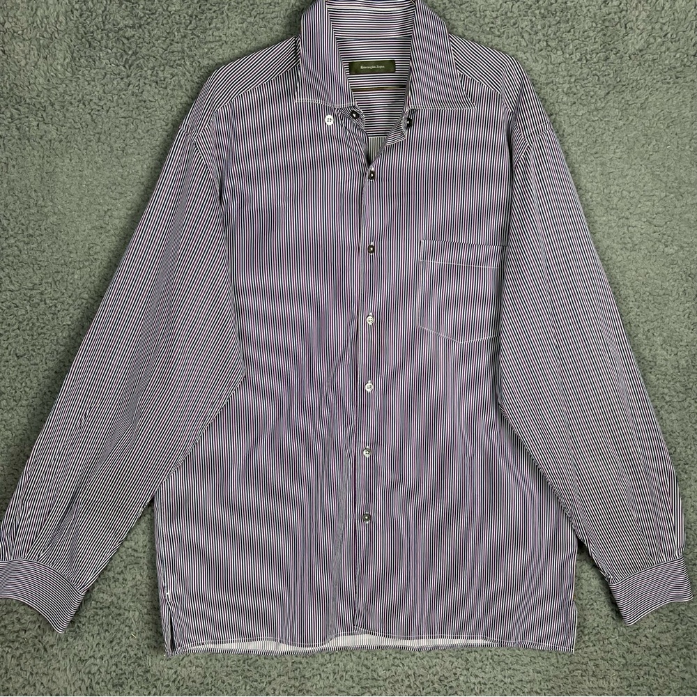 Ermenegildo Zegna Dress L/S Shirt Mens XL Purple/Navy Blue Stripe 100% Cotton